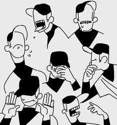 black and white drawing of five men with their mouths open, one holding his head in the other's hands