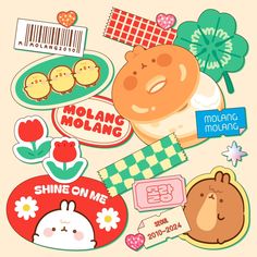 an assortment of stickers and magnets on a white background with the words molanc molanc