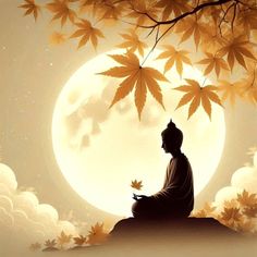 a buddha statue sitting on top of a rock under a tree with the moon in the background