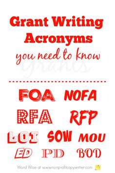 some type of font that is red and white with the words grant writing acronyms you need to know