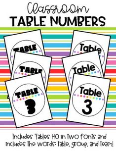 table numbers for classroom use with colorful stripes