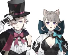 two anime characters dressed in costumes and hats, one with cat ears on her head