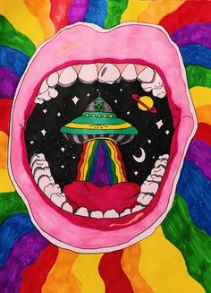 a drawing of a rainbow tongue with an alien ship in the center