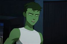 an animated image of a young man with green eyes and a white tank top on