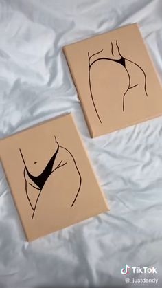 two drawings of women's butts are shown on a sheeted bed with white sheets