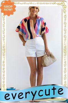 Multicolor Color Block Striped Puff Sleeve Buttoned Shirt Chic Multicolor Spring Shirt, Multicolor Color Block Button-up Top, Multicolor Button-up Color Block Top, Chic White Color Block Blouse, Chic Multicolor Shirt For Day Out, Casual Multicolor Color Block Blouse, Summer Color Block Button-up Tops, Colorful Trendy Short Sleeve Blouse, Trendy Colorful Short Sleeve Blouse