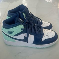 Brand New Nike Air Jordan Sneakers, Kids Size 5.5. Turquoise, Navy And White-Such A Cute/Cool Color Combo! Rare! Sneakers Kids, Nike Shoe, Shoe Wishlist, Air Jordan Sneakers, Jordan Sneakers, New Nike Air, Sneaker Collection, Kids Nike