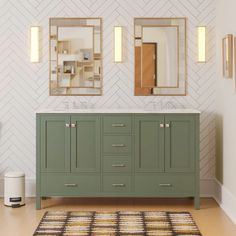 a bathroom with two sinks and mirrors on the wall next to a rug in front of it