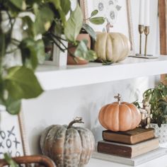 some pumpkins are sitting on top of books