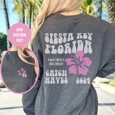 "Sarasota Florida Sweatshirt  | Clearview Shirt | Best Friend Shirts Beach Shirts: https://etsy.me/3rOIGBS Beach Sweatshirt: https://etsy.me/3pdRnVI Beach Hoodie: https://etsy.me/37eabgO OUR SIZING IS ADULT UNISEX. This means it will be larger than normal women's sizing.  Please see photos for size charts 🌻 Please read the full description:   This hoodie/sweatshirt sizing is NOT oversized.  You need to order at least 1-2 sizes larger for the extra baggy look in this photo.  (The normal sizing i Vsco Graphic Print Sweatshirt For Beach Season, Vsco Style Sweatshirt With Letter Print For Vacation, Long Sleeve Letter Print T-shirt For Beach, Long Sleeve Letter Print T-shirt For Beach Season, Florida Sweatshirt, Beach Crewneck, Tye Die Shirts, Florida Palm Trees, Siesta Beach