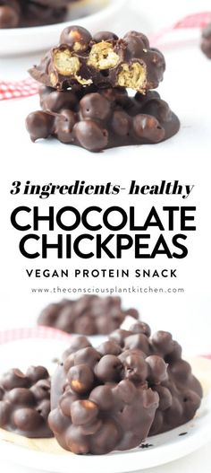 chocolate chickpeas are stacked on top of each other with the words, 3 ingredients really