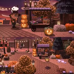 an animated halloween scene with pumpkins, jack - o'- lanterns and other decorations