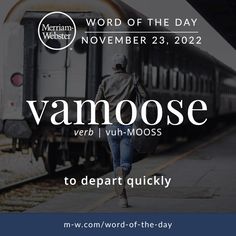 a person walking next to a train with the words word of the day on it