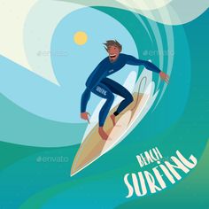 a man riding a surfboard on top of a wave in the ocean with words beach surfing