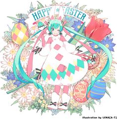 an anime character is surrounded by flowers and easter eggs, with the words happy easter on it