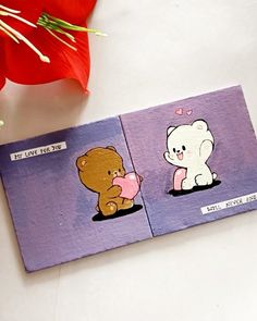 there are two cards with pictures of teddy bears on them, one is pink and the other is purple