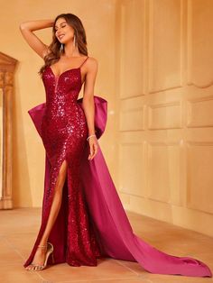 Product Code: FSWD1348 Embellishment: Sequin,Satin Fabric: 100% Polyester Back Style: Zipper Up Fully Lined: Yes Built-in Bra: Yes Available Color: Hot Pink Stretch: Moderate Fits true to size Imported Model Information: Height: 5' 2" Bust: 33.5'' Waist: 24“ Hips: 35.5” wearing US size Small Hot Pink Prom Dresses, Dress With Big Bow, Sequin Cami Dress, Pink Prom Dresses, Big Bow, Big Bows, Cami Dress, Dress With Bow, Satin Fabric