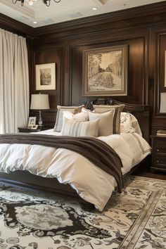 a large bed sitting under a chandelier in a bedroom next to a window