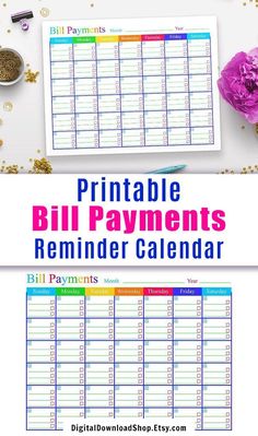 the printable bill payment reminder calendar is shown with pink flowers and gold confetti