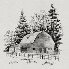 a black and white drawing of a barn