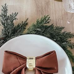 a white plate topped with a brown bow tie