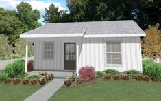 this is a computer rendering of a small house in the yard with landscaping around it