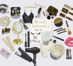 an assortment of beauty products and accessories arranged in a circle on top of a white background