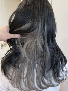 Grey Peekaboo Highlights for Black Hair Black And Ashy Hair, Grey Highlights In Black Hair, Grey Black Hair, Black Hair With Grey Highlights, Ashy Hair, Highlights Ideas