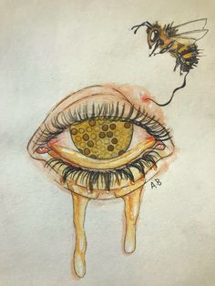 a drawing of an eye with honey dripping from it and a bee flying over the top