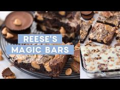 there are many desserts on the table with text overlay that says reese's magic bars