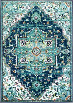 a blue and green rug with an ornate design