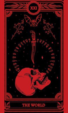 a red and black poster with an image of a skull holding a knife in it's mouth