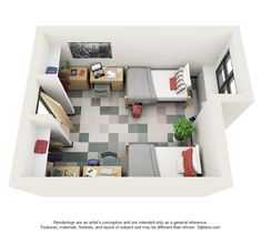 an overhead view of a bedroom and living room in a studio apartment with one bed