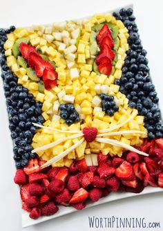 a cat made out of fruit on top of a white plate with strawberries and kiwis