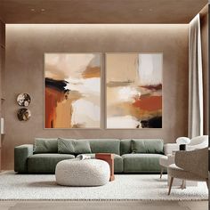 a living room with two paintings on the wall