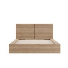 an image of a bed with wooden headboard and foot board in the shape of a platform