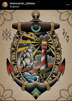 an anchor, lighthouse and ship tattoo design on a paper background with the words lewiscarter tattoos written below it