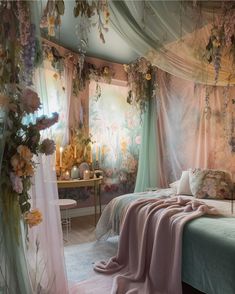 a bedroom decorated in pastel colors and flowers