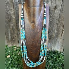 This Beautiful Necklace Features Multiple Strands Of Green Beads And Blue-Green Turquoise Pearls, All Held Together With A Sterling Silver Clasp. The Necklace Measures 30 Inches In Length, Making It The Perfect Statement Piece For Any Occasion. The Southwestern Style And Ethnicity Of The Piece Is Showcased With The Use Of Authentic Turquoise And Sterling Silver. The Intricate Beading And Use Of Various Shades Of Green Make This Necklace A Unique Addition To Any Jewelry Collection. The Quality Of The Materials Used Ensures That This Piece Will Last For Years To Come. Add A Touch Of Southwestern Charm To Any Outfit With This Stunning Necklace. Blue Green Turquoise, Intricate Beading, Green Beads, Southwestern Style, Stunning Necklace, Beautiful Necklace, Green Turquoise, Green Bead, Multi Strand