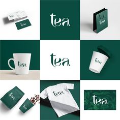 various logos and business cards for tea, including a cup with the word tea on it