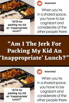 the instructions for packing kids lunches are shown in two separate pictures, one with rice and