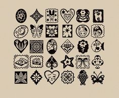 an assortment of different designs and shapes on a white background, including hearts, flowers, and other decorative elements