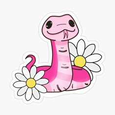 a pink snake sitting on top of a flower sticker with daisies in front of it