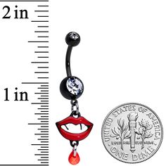 Clear Red Gem Black Vampire Fang Halloween Dangle Belly Ring Set of 2 Vamp it up this Halloween with this set of 14 gauge navel rings! The first is made with a 3/8" black PVD over 316L surgical grade stainless steel curved barbell with a 5mm top ball end, set at the top with a clear gem. The bottom ball end is 8mm and set with a large clear gem. Dangling beneath it is a luscious red lips charm with small white fangs peeking out between them and a red gem dangling beneath them. The other belly bu Gothic Piercings For Halloween Gift, Red Novelty Jewelry For Halloween, Emo Pierced Jewelry For Halloween, Red Emo Style Metal Jewelry, Nickel-free Vampire Style Dangle Jewelry, Red Emo Jewelry For Party, Red Nickel-free Jewelry For Halloween, Nickel-free Red Halloween Jewelry, Adjustable Gothic Metal Belly Rings