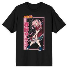 Celebrate your favorite anime characters with this Naruto tee. The shirt features an image of Sakura Haruno wielding a bladed weapon next to vertical ink kani letters. The anime’s logo appears in orange above the image. The tee comes in a black short sleeve crew neck. Fans of the classic Naruto series will love the fun design on this t-shirt.