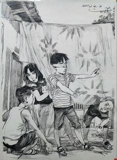 a black and white drawing of three children in front of a curtain with one child pointing at the other