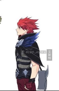 an anime character with red hair and blue wings standing next to another character in front of a white background