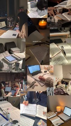 many different pictures of people working on their laptops and writing in notebooks with candles