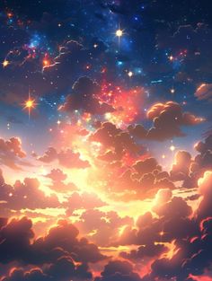 the sky is full of stars and clouds as if they were floating in the air