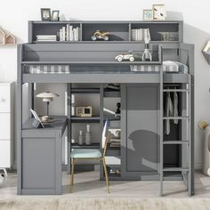 a loft bed with desk underneath it in a room that has white walls and wooden floors